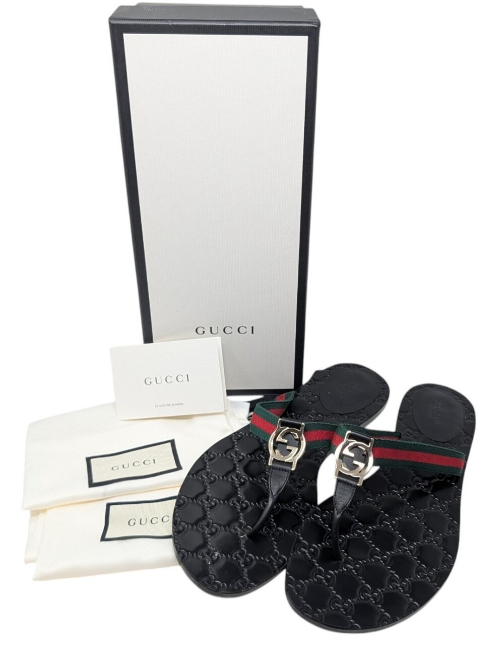Gucci Black Lifford Web Interlocking G GG Thong Flip Flop Sandals Size EU 41.5